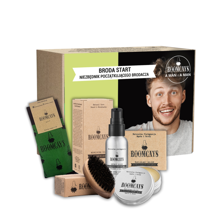 Roomcays NIEZBĘDNIK START zestaw: olejek do krótkiej brody, 30 ml + balsam do brody, 30 ml + kartacz, 1 szt. + skarpety, 1 szt.