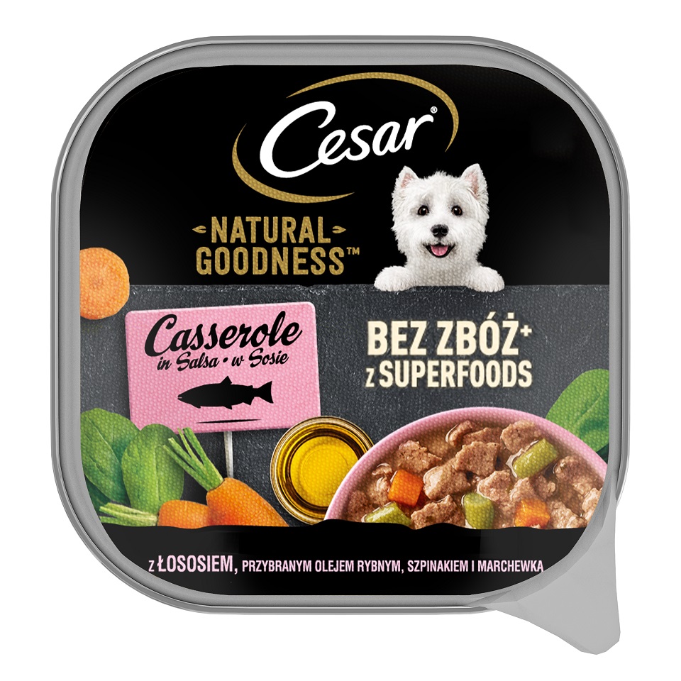 CESAR Natural Goodness tacka 100 g mokra karma pełnoporcjowa dla dorosłych psów z łososiem wzbogacony olejem rybnym, szpinakiem i marchewką w sosie