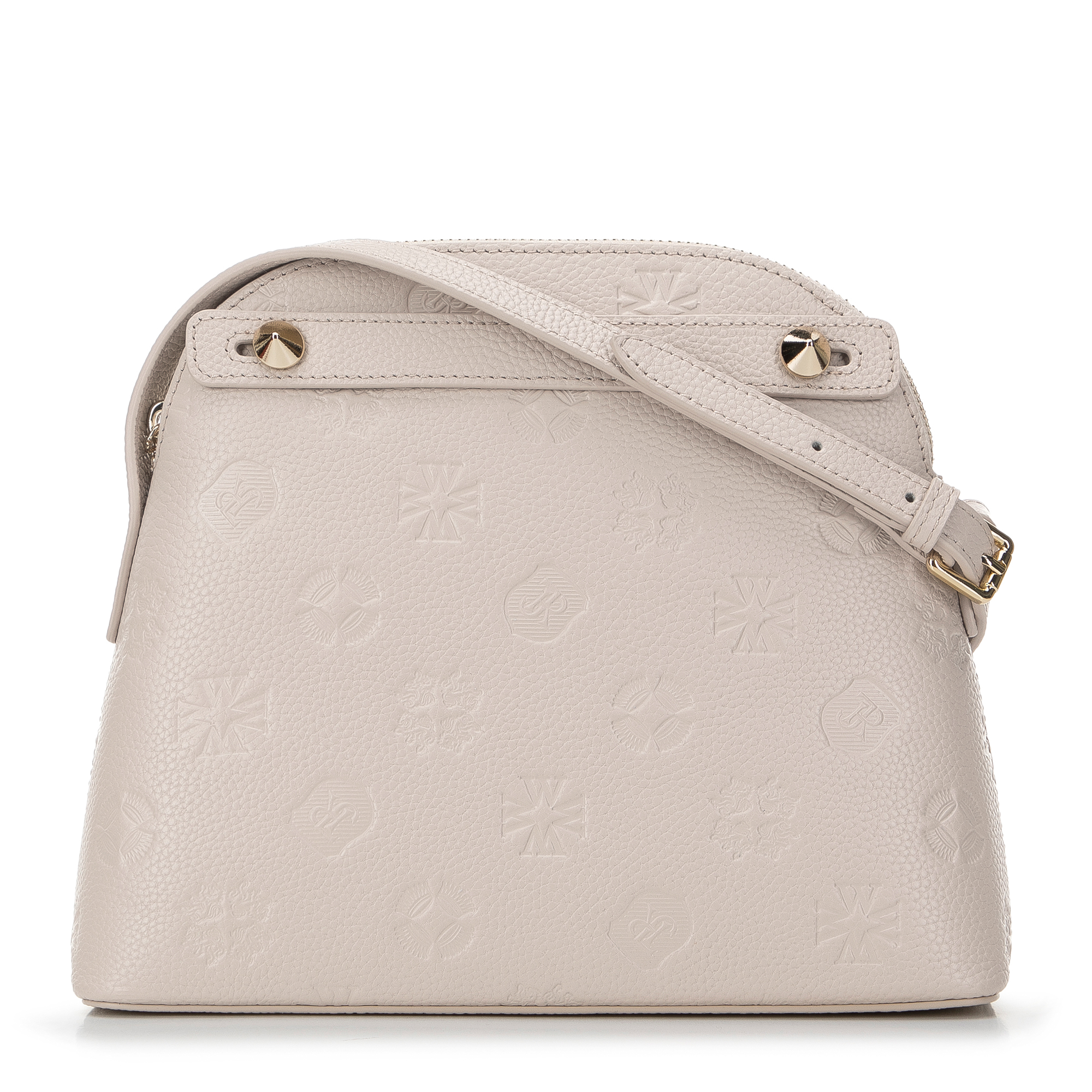 Damska listonoszka skórzana w monogram trapezowa jasny beż