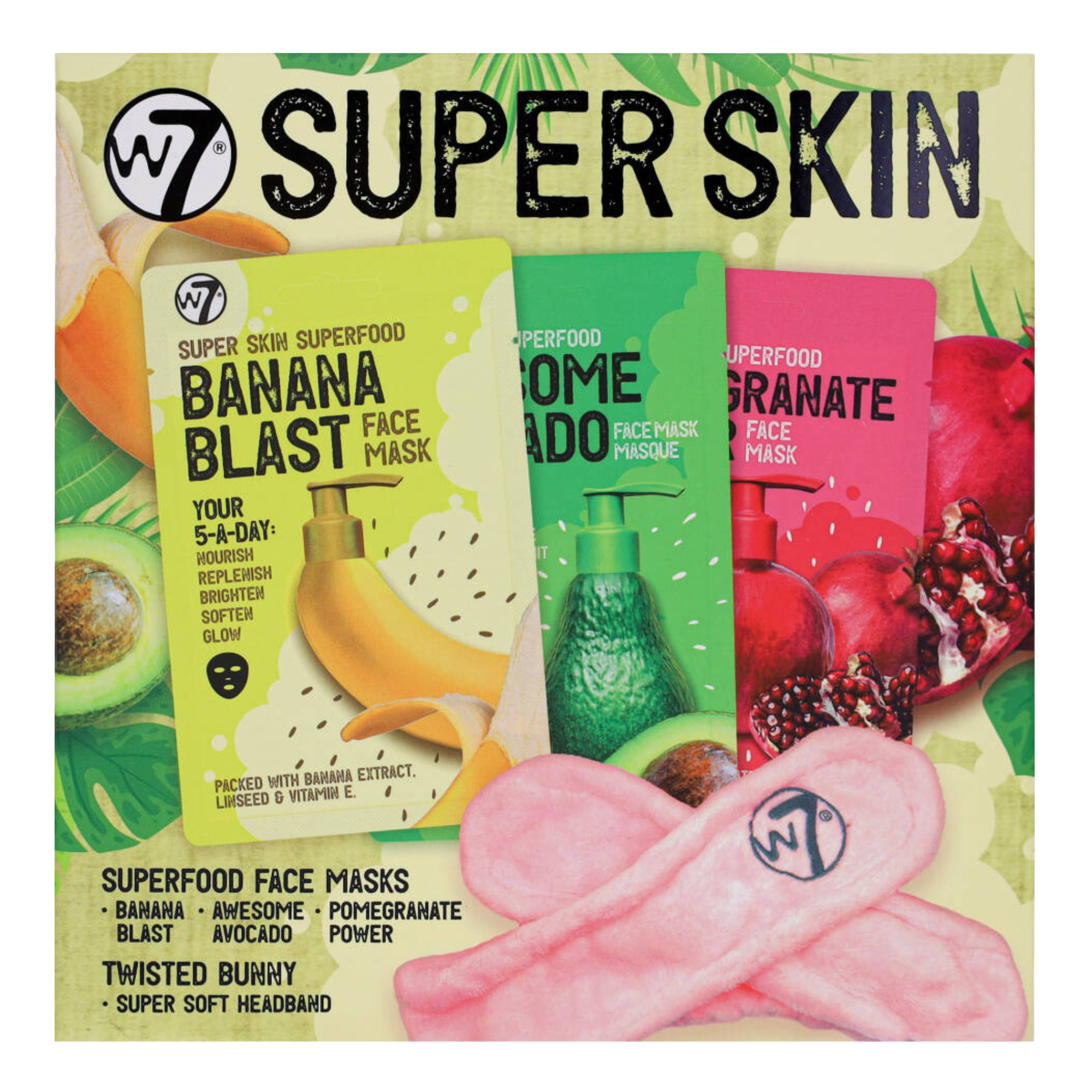 W7 Super Skin zestaw: maseczki do twarzy, 3 szt. + opaska na włosy, 1 szt.