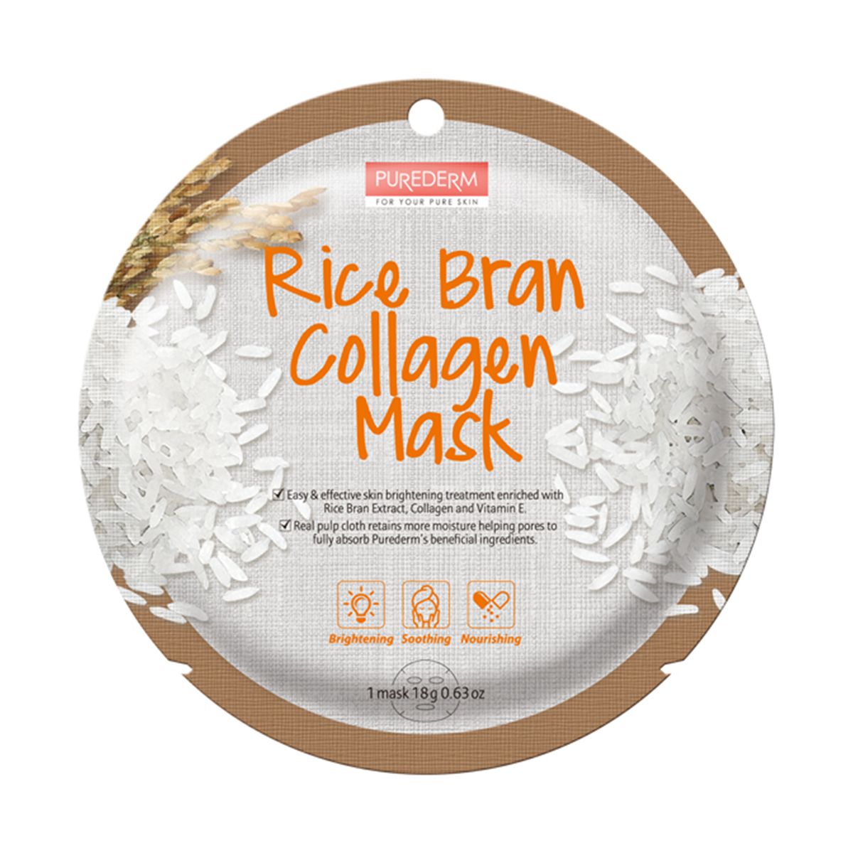 Purederm Rice Barn Collagen rozświetlająco-łagodząca maska kolagenowa z ryżem do twarzy, 1 szt.