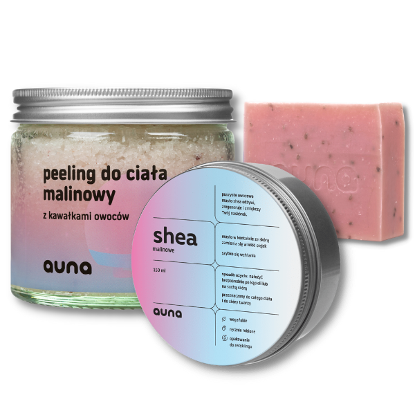 Auna Malinowy zawrót głowy zestaw: malinowa sól do kąpieli, 300 g + mydło malinowe, 100 g + peeling malinowy, 250 ml