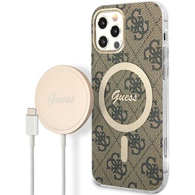 Etui GUESS 4G Print do Apple iPhone 12/12 Pro Brązowy + Ładowarka MagSafe