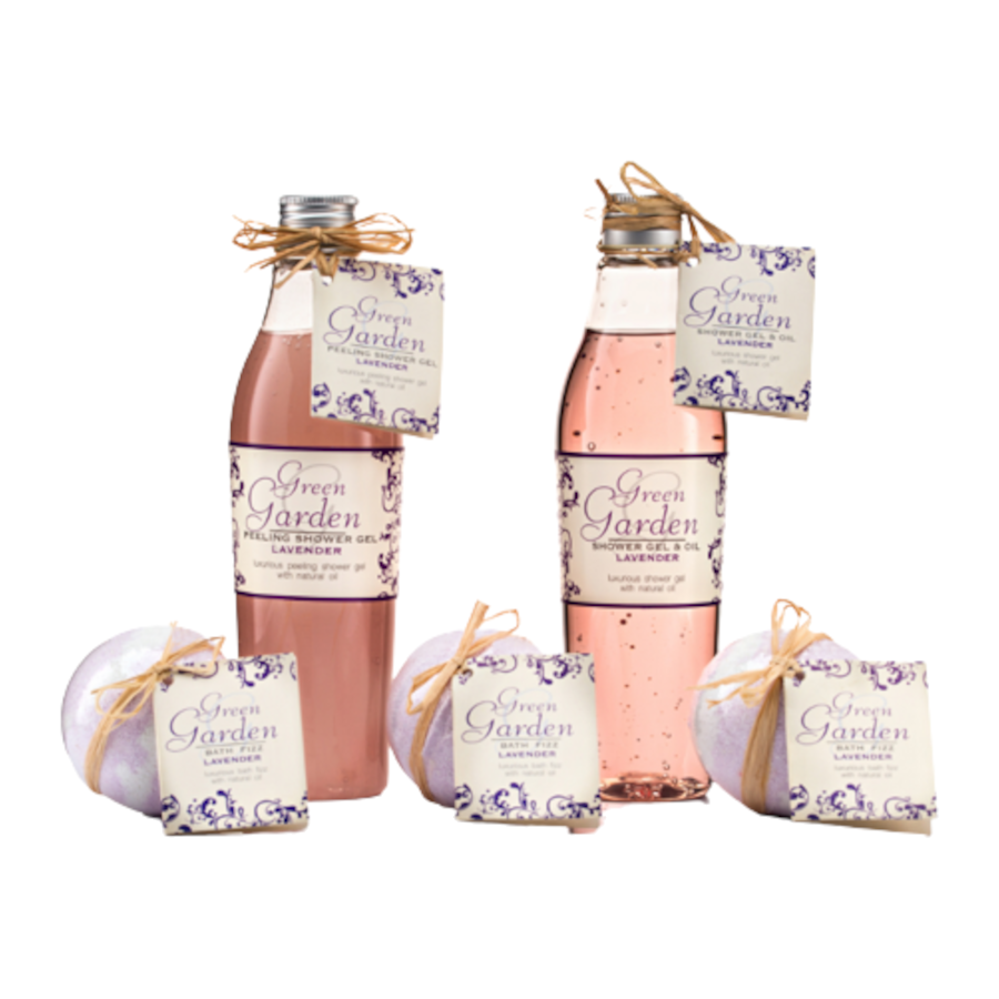 Green Garden Lavender zestaw: płyn do kąpieli, 400 ml + żel pod prysznic, 250ml + sól do kąpieli, 600g + kula do kąpieli Lawenda, 3x100 g