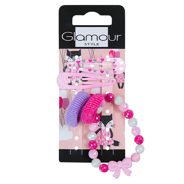 Glamour Kids zestaw: gumki do włosów, 2 szt./1 opak. + spinki do włosów, 2 szt./1 opak. + bransoletka, 1 szt./1 opak.