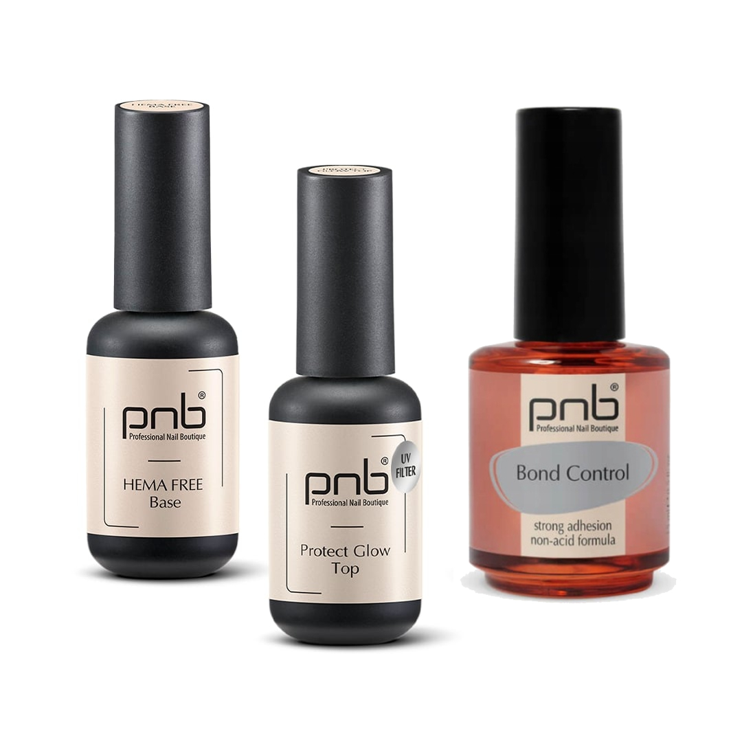 PNB zestaw imponująca korzyść: baza hybrydowa kauczukowa UV/LED hema free base, 8 ml + top hybrydowy UV/LED protect glow top, 8 ml + podkład adhezy...