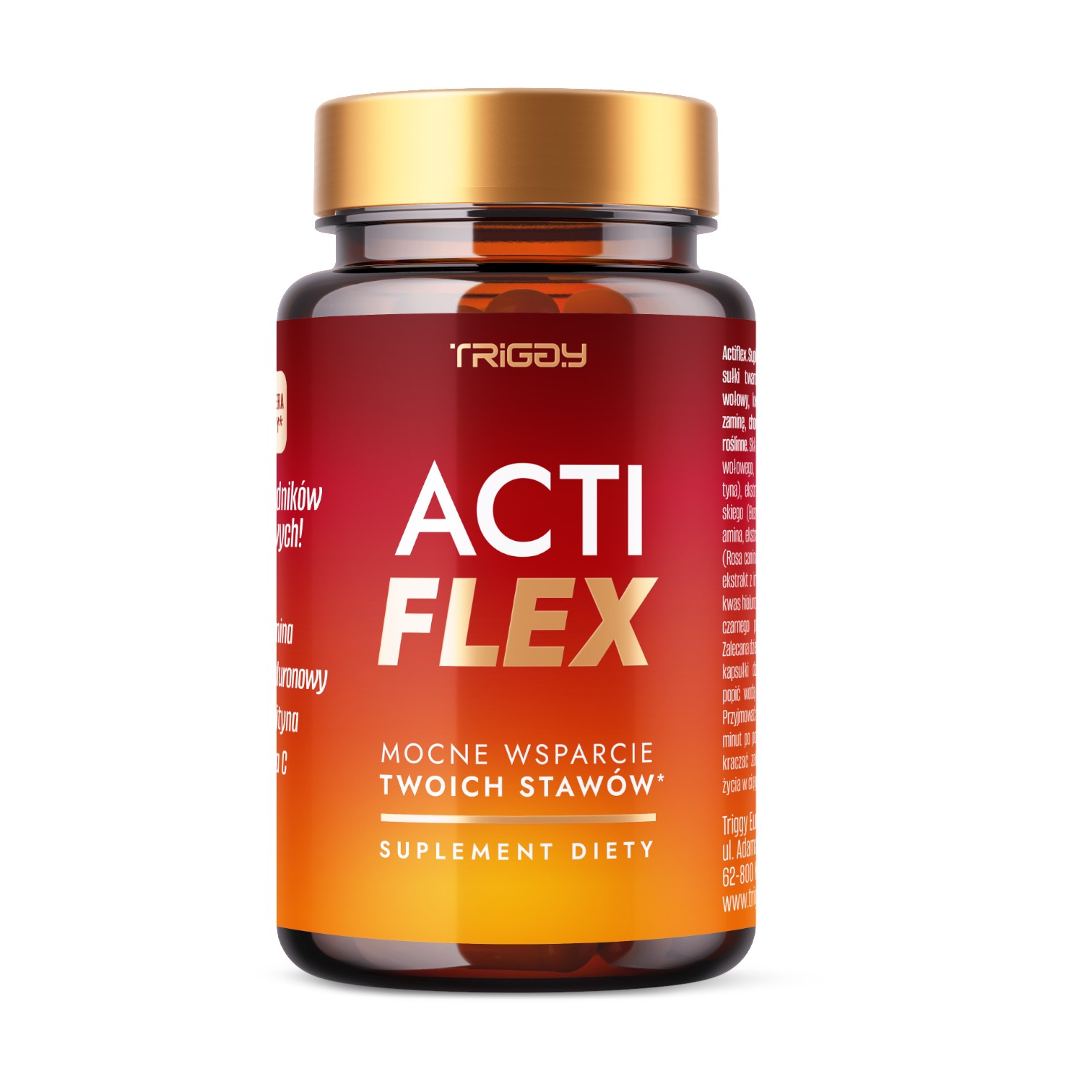 Triggy ActiFlex suplement diety w formie kapsułki twardej zawierający kolagen wołowy, kwas hialuronowy, glukozaminę, chondroitynę oraz ekstrakty ro...