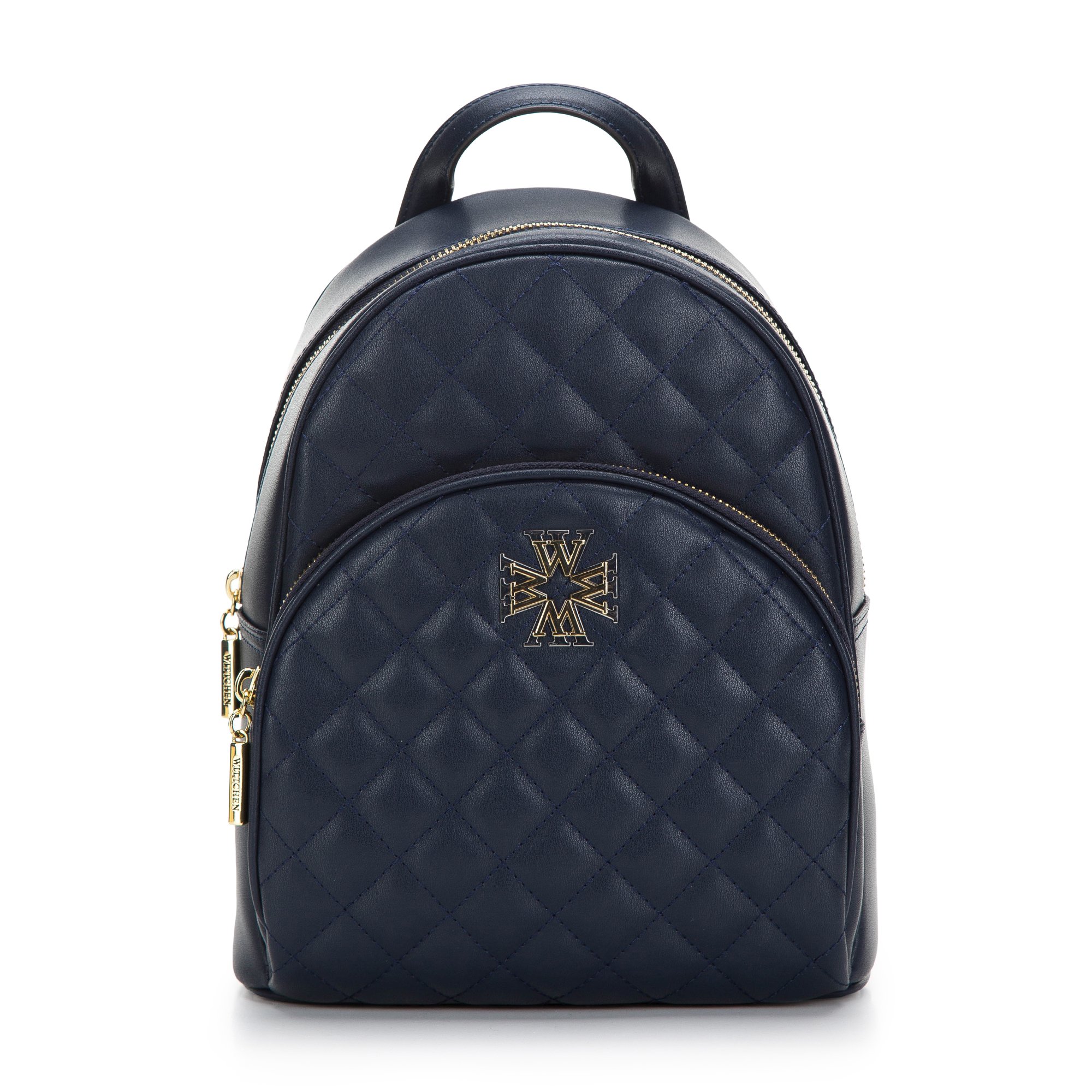 Damski plecak z pikowanej skóry z ozdobnym monogramem granatowy