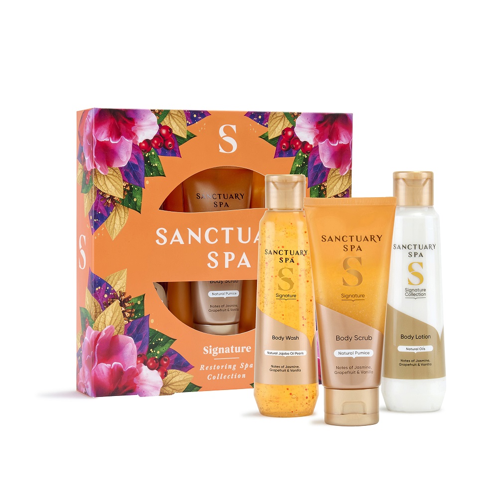 Sanctuary Spa Signature Collection zestaw: żel pod prysznic, 150 ml + balsam do ciała, 150 ml + peeling do ciała, 100 ml