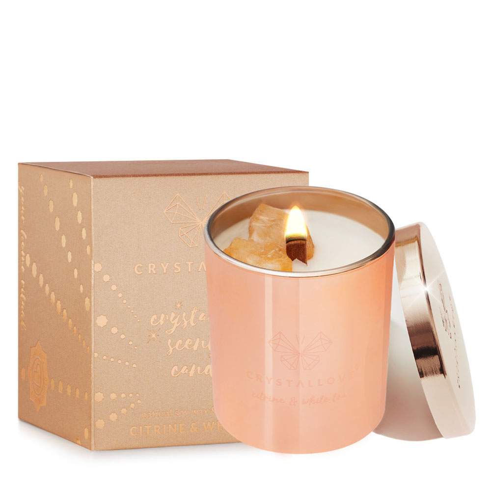 Crystallove Golden Collection świeca sojowa z cytrynem i białą herbatą, 500 g