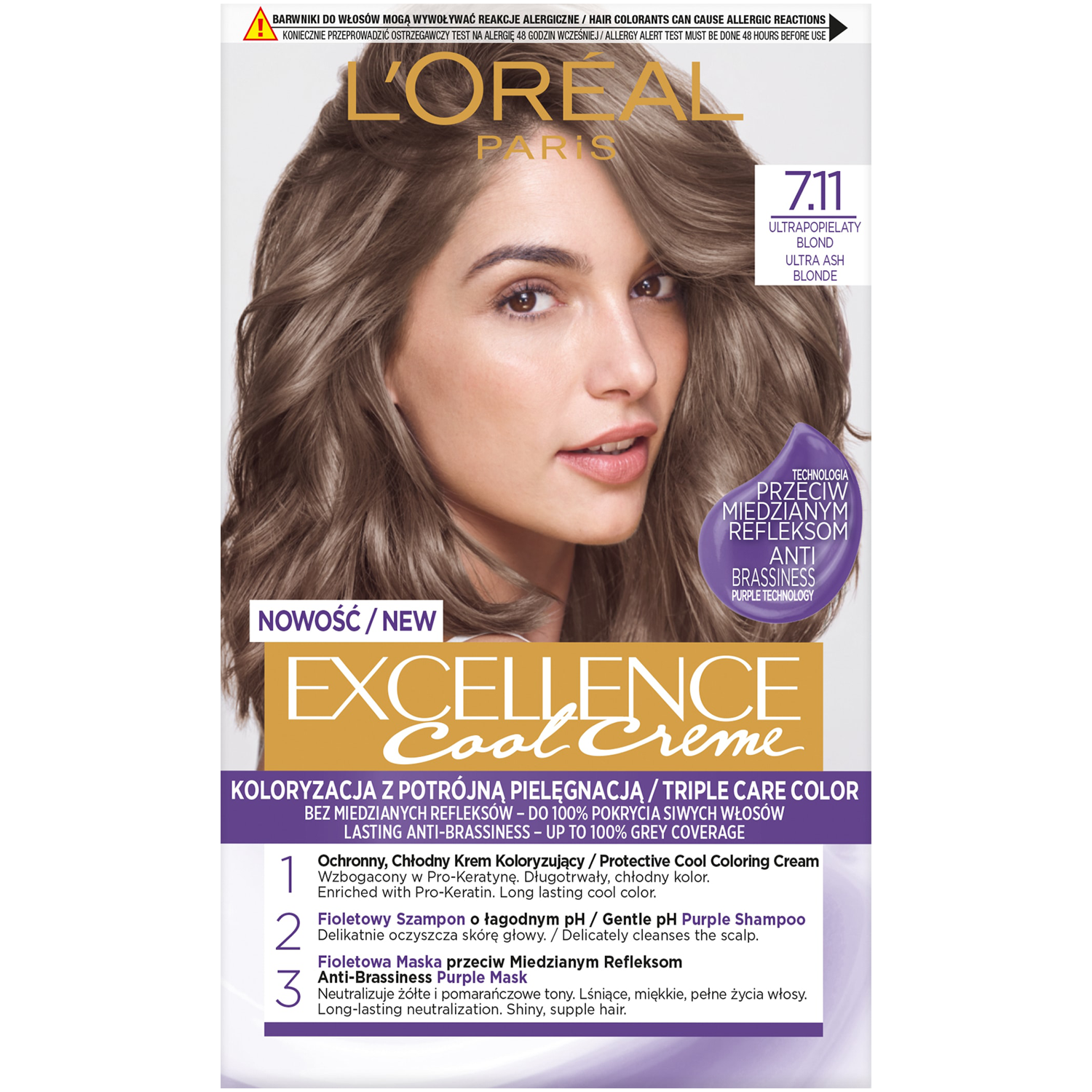 L'Oréal Paris Excellence Cool Creme farba do włosów 7.11 ultrapopielaty blond, 1 opak.