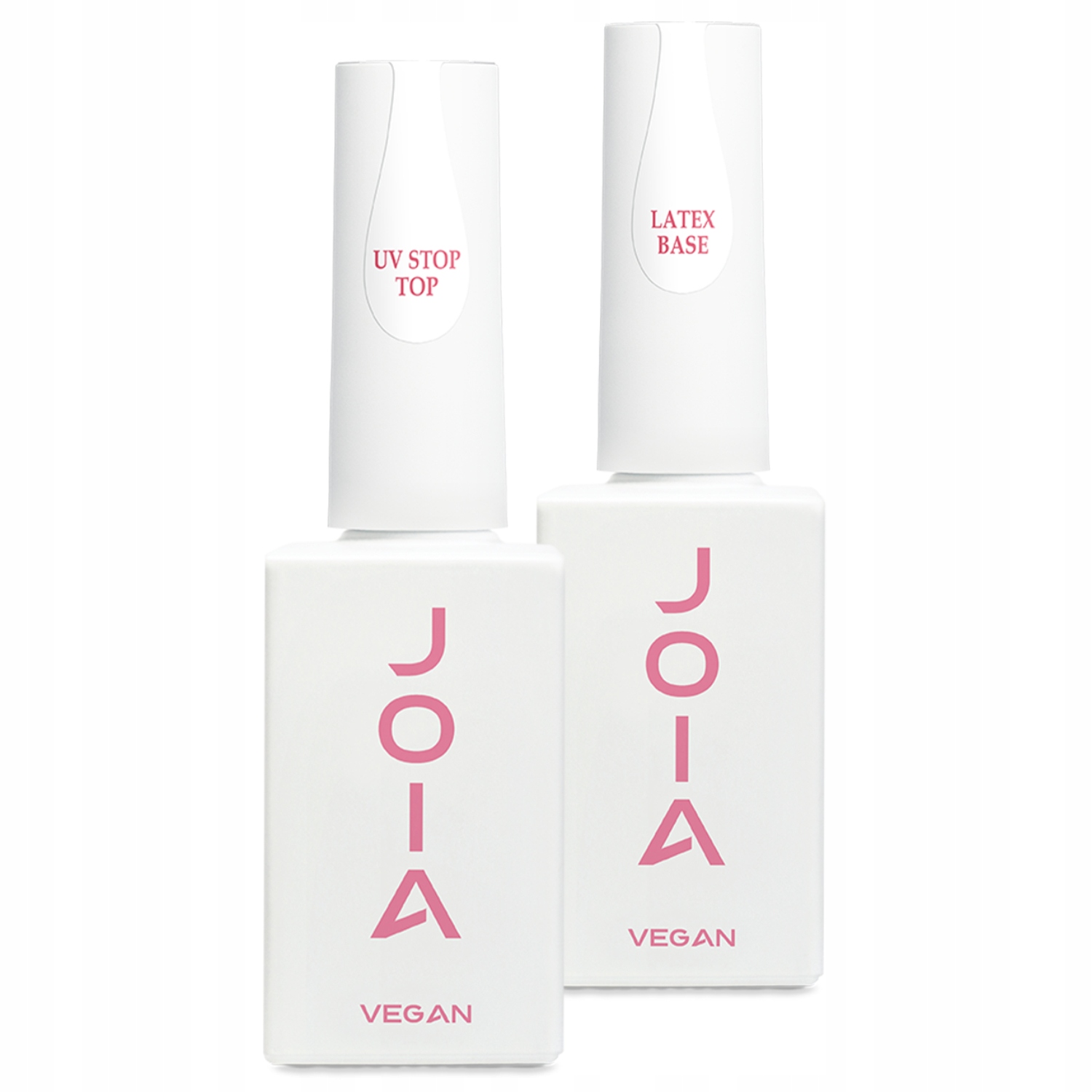 Joia Vegan zestaw: baza hybrydowa do paznokci ruBBer latex base, 15 ml + top hybrydowy do paznokci uv stop top no wipe, 15 ml