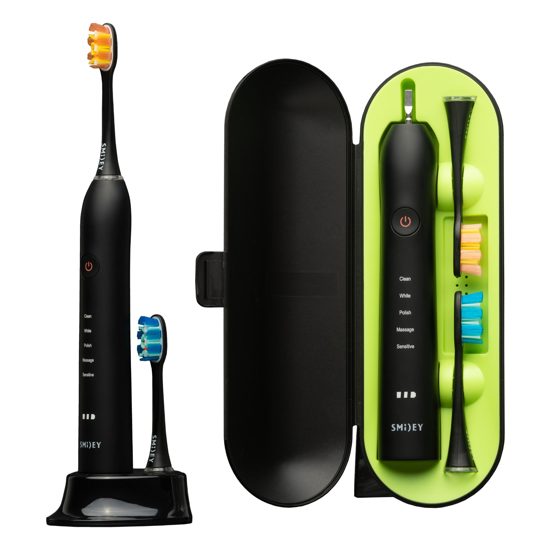 Smiley Pro White zestaw: szczoteczka soniczna czarna + dodatkowe końcówki, 2 szt.