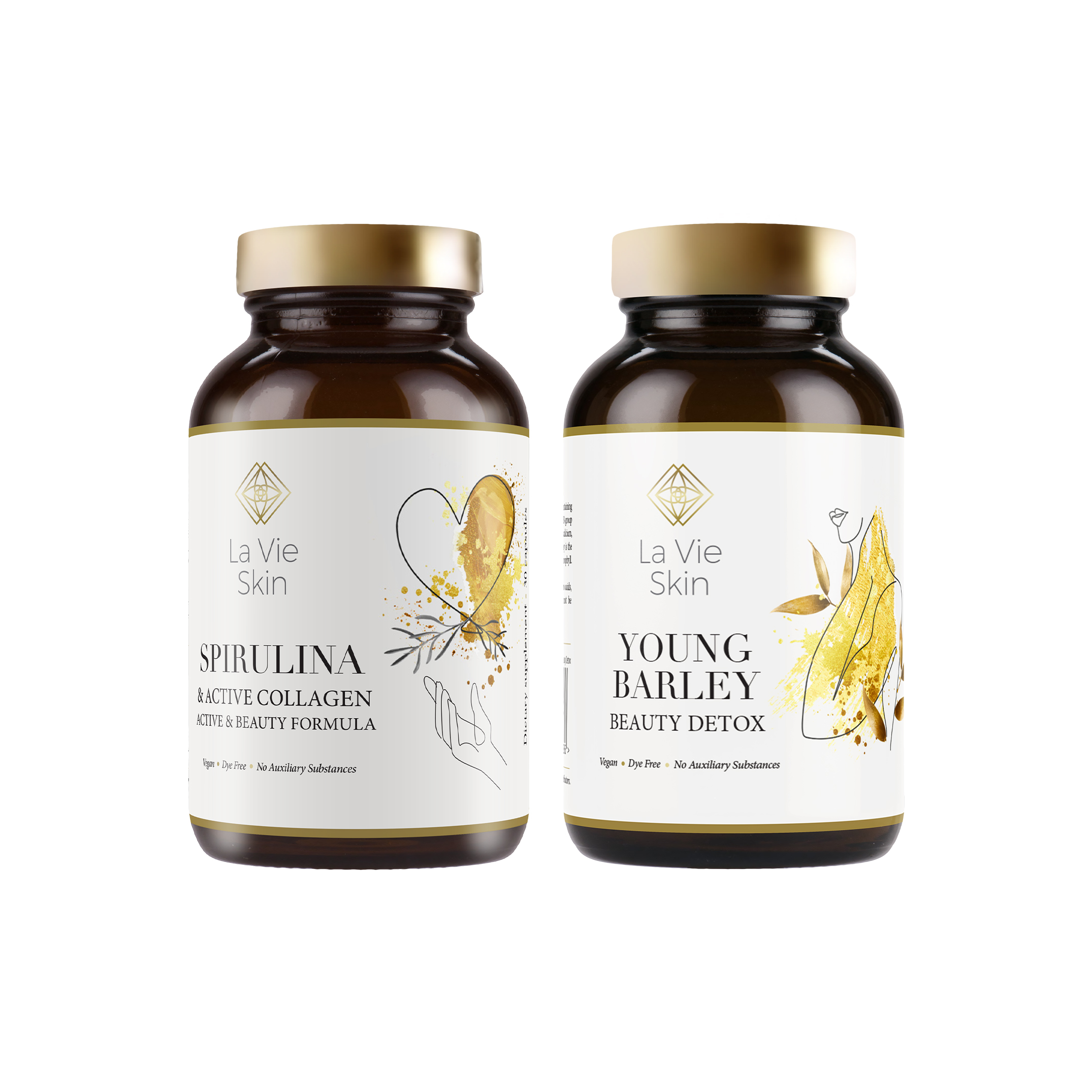 La Vie Skin zestaw: suplement diety ze spiruliną i aktywnym kolagenem, 30 tabl./1 opak. + suplement diety z młodym jęczmieniem, 30 tabl./ 1 opak.