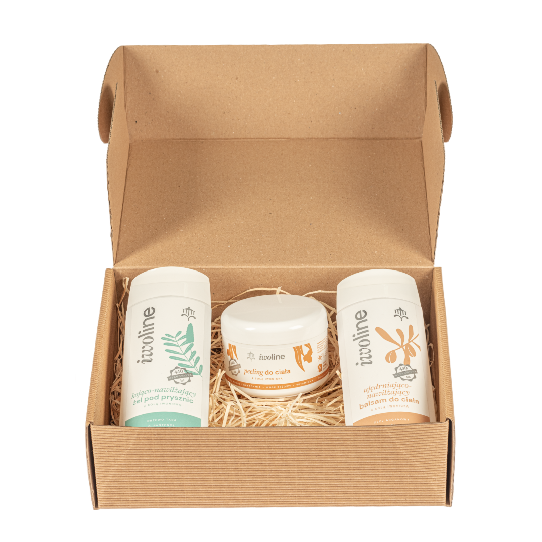 Iwoline zestaw: żel pod prysznic kojąco-nawilżający, 200 ml + balsam do ciała ujędrniająco-nawilżający, 200 ml + peeling do ciała z solą iwonicką, ...