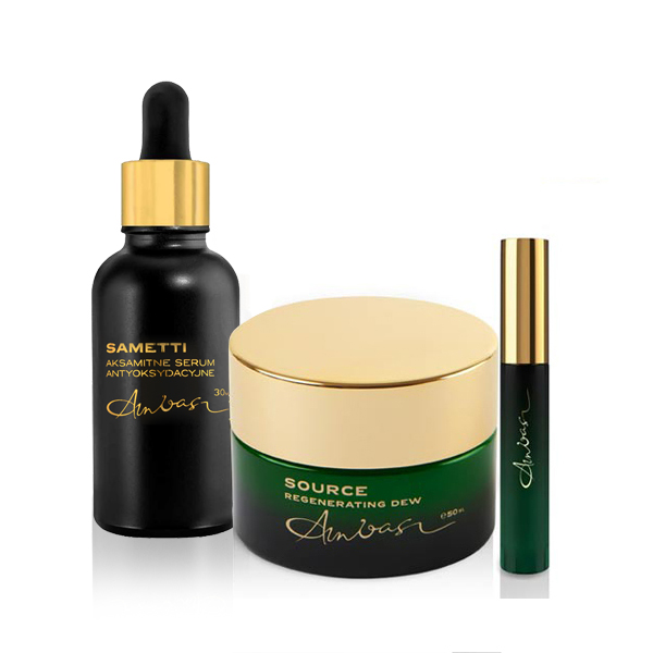 Ambasz zestaw: nawilżający krem do twarzy, 50 ml + antyoksydacyjne serum do twarzy, 30 ml + perfumy aromaterapeutyczne, 10 ml