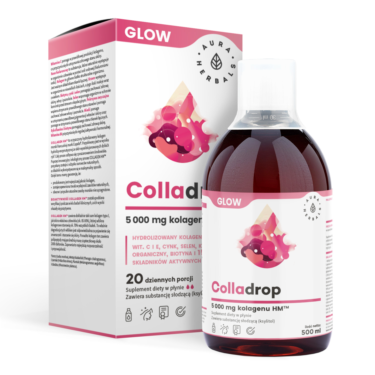 Aura Herbals Colladrop Glow suplement diety kolagen morski 5000 mg w płynie, 500 ml