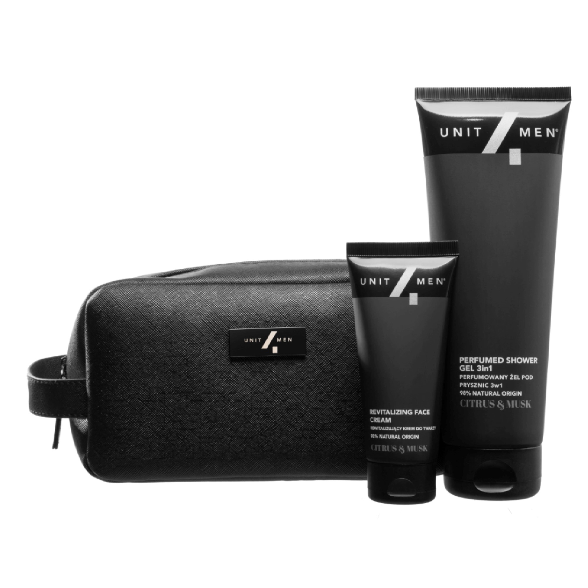 Unit4men Citrus&Musk  zestaw podróżny: perfumowany żel pod prysznic 3w1, 200 ml + rewitalizujący krem do twarzy, 50 ml + kosmetyczka, 1 szt.