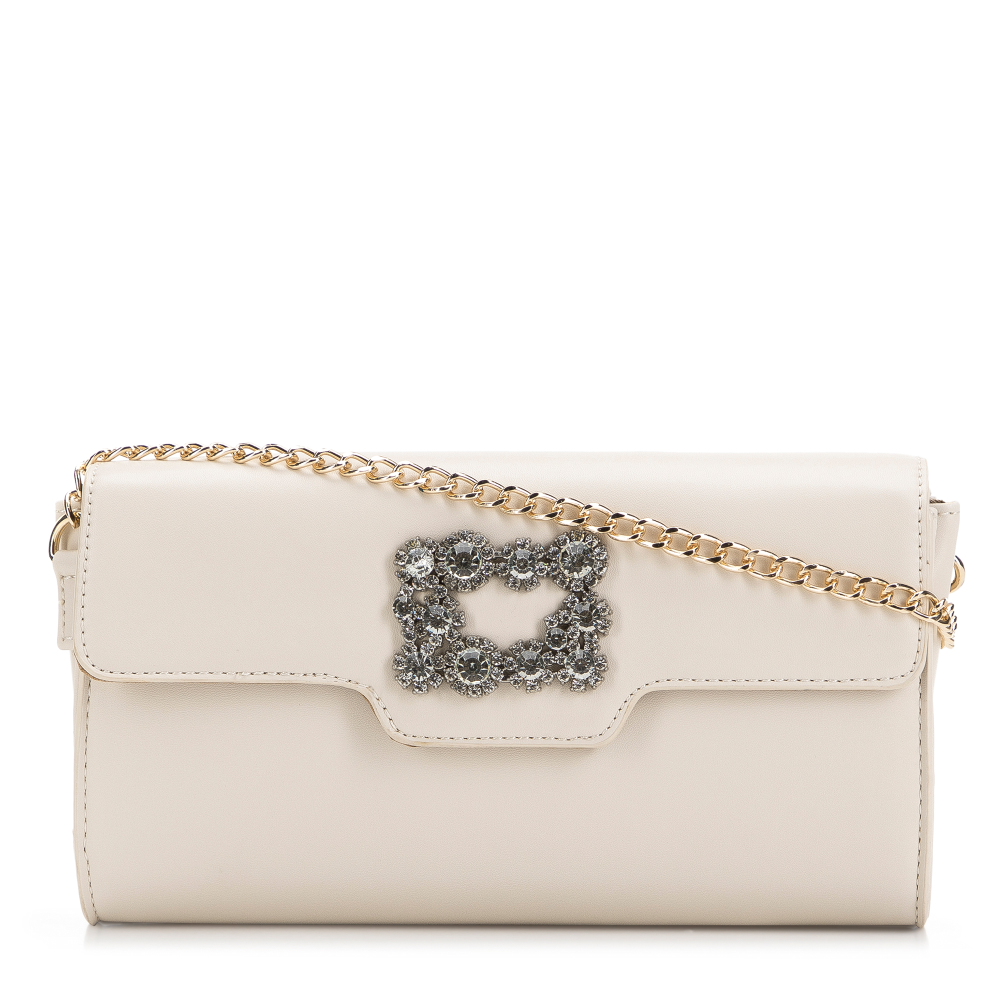 Damska torebka z gładkiej ekoskóry z klamrą z kryształkami beżowa