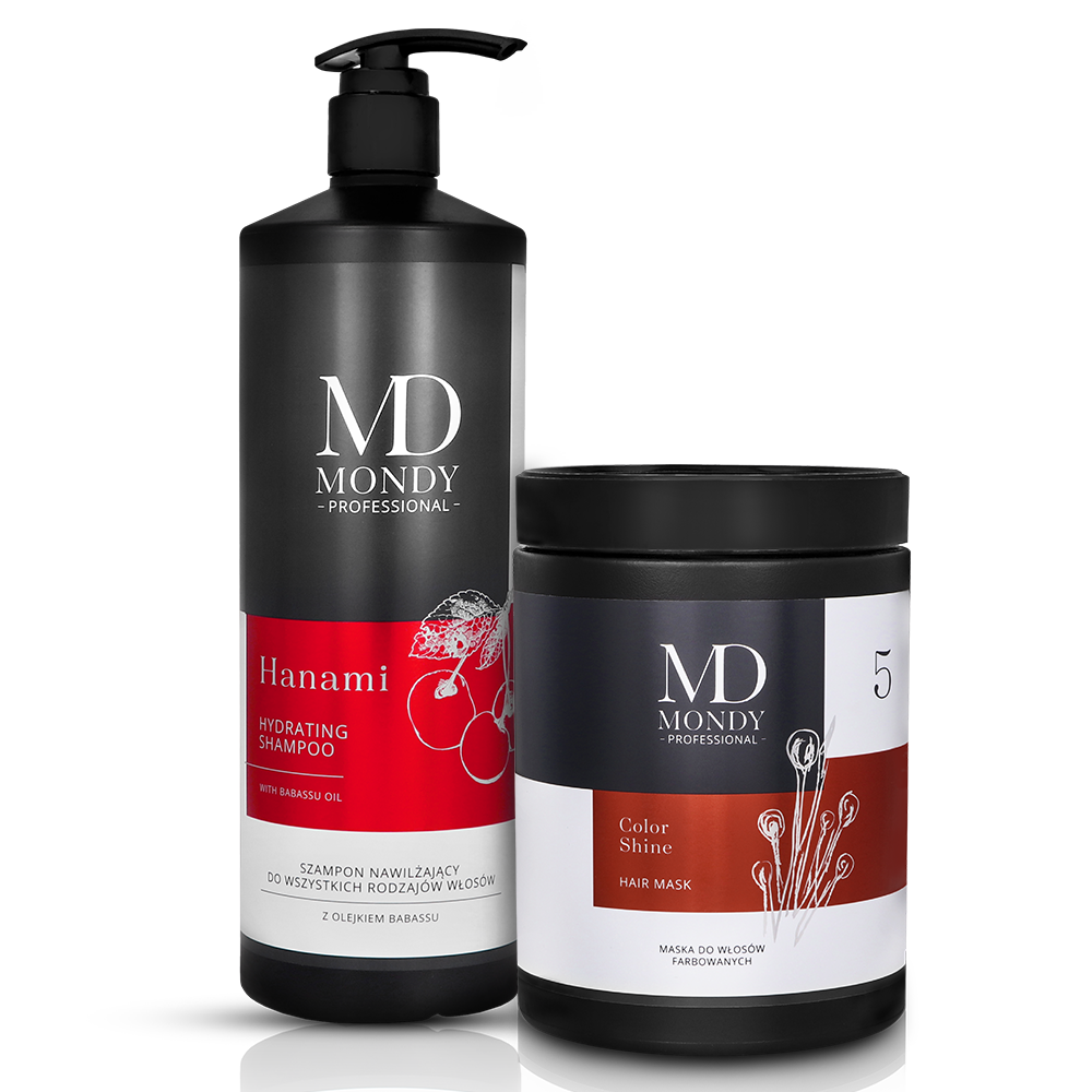 Mondy zestaw: szampon oczyszczający Hanami, 100 ml + maska do włosów Color Shine, 1000 ml