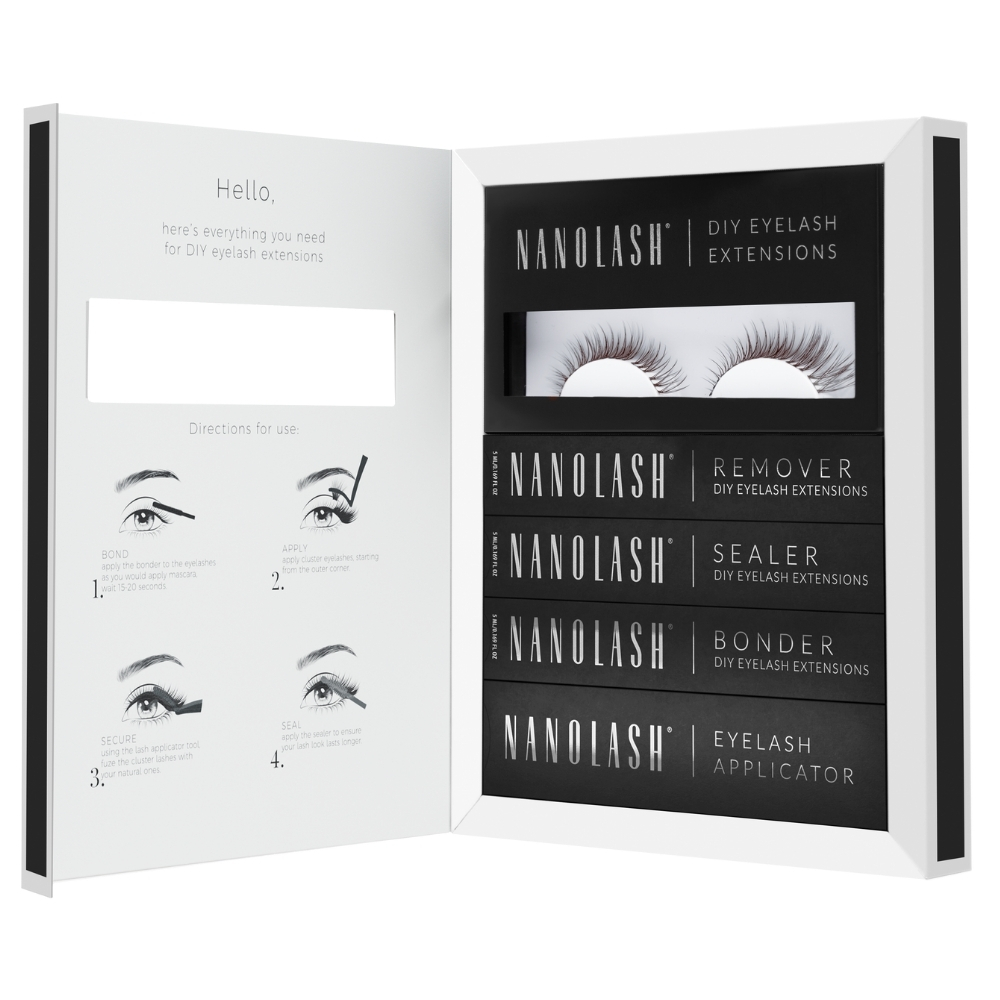 Nanolash DIY Eyelash Extensions Starter Kit Brown zestaw: sztuczne brązowe rzęsy 10-12-14 mm Innocent, 36 szt. + transparentny bonder do rzęs, 5 ml...