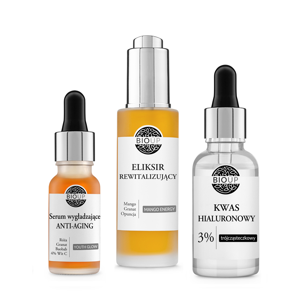 Bioup zestaw rewitalizujący do twarzy, odbudowa nawilżenia i zdrowy koloryt: eliksir, 30 ml + kwas hialuronowy, 30 ml + serum, 15 ml