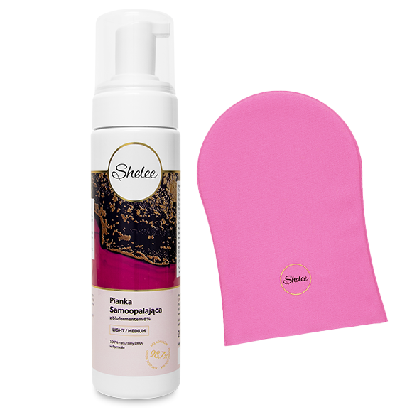 Shelee zestaw: pianka samoopalająca z biofermentem 8% Light/Medium, 200 ml + rękawica do aplikacji samoopalacza, 1 szt.