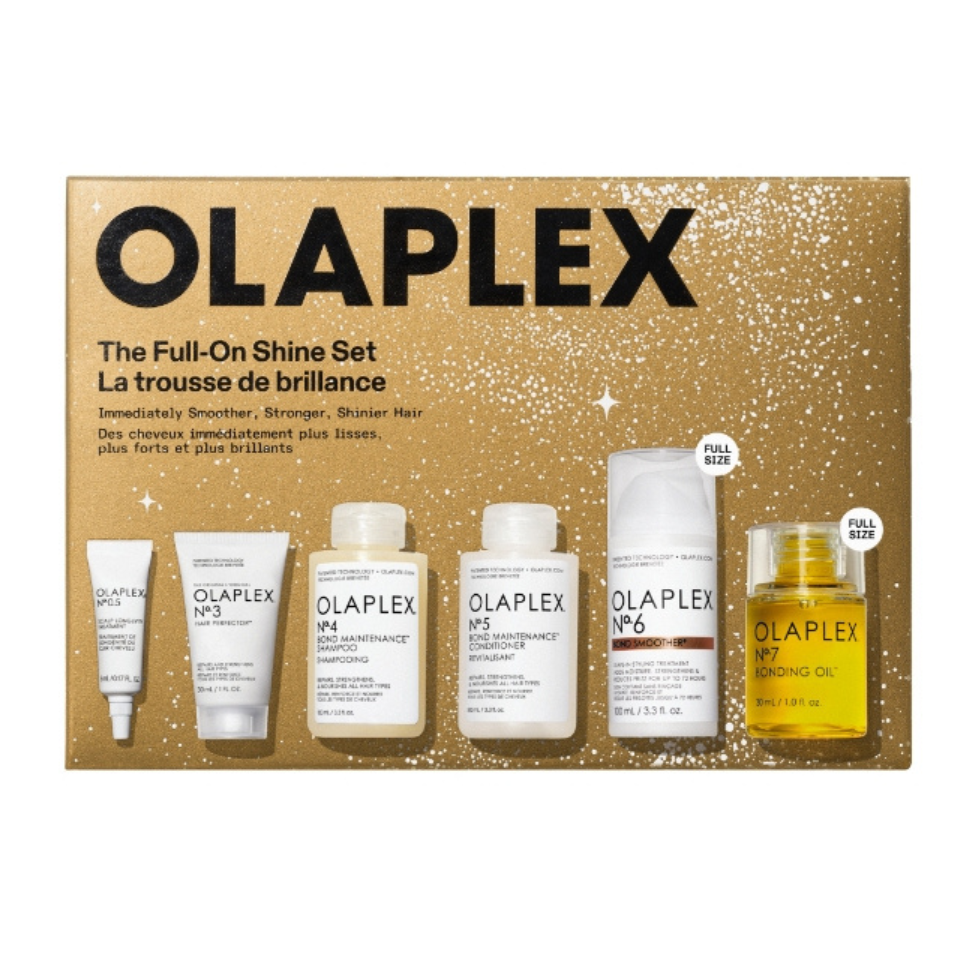 Olaplex The Full Shine zestaw: serum do skóry głowy, 5 ml + kuracja do włosów, 30 ml + szampon do włosów, 100 ml+ odżywka do włosów, 100 ml + krem ...