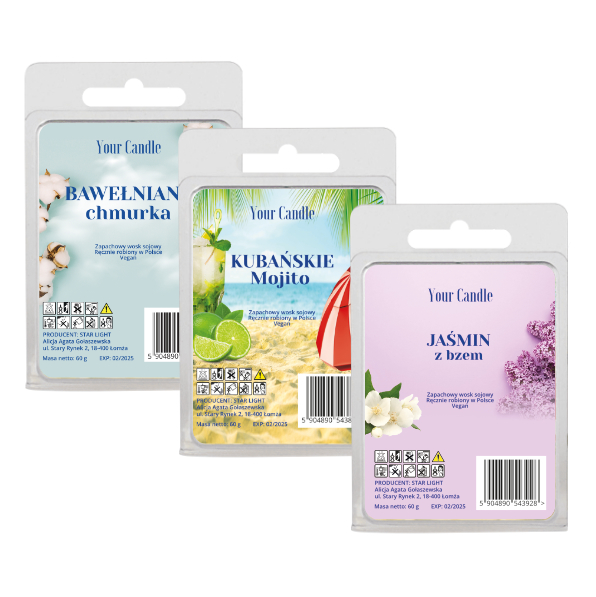 Your Candle zestaw: wosk zapachowy Bawełniana chmurka, 60 g + wosk zapachowy Kubańskie Mojito, 60 g + wosk zapachowy Jaśmin z bzem, 60 g