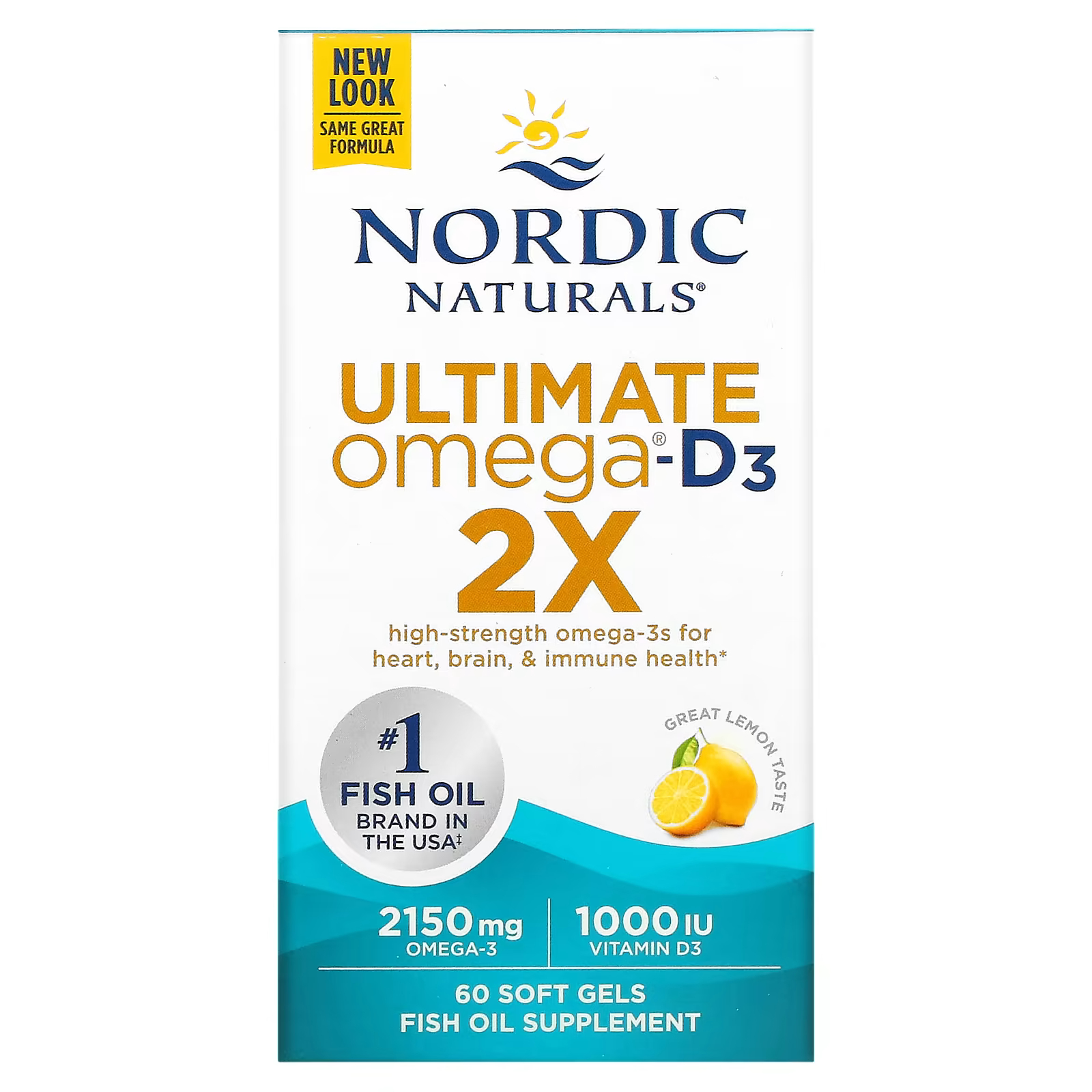 Nordic Naturals Ultimate Omega 2X suplement diety omega 2X z witaminą D3, 2150mg, smak cytrynowy, 60 kaps./1 opak.