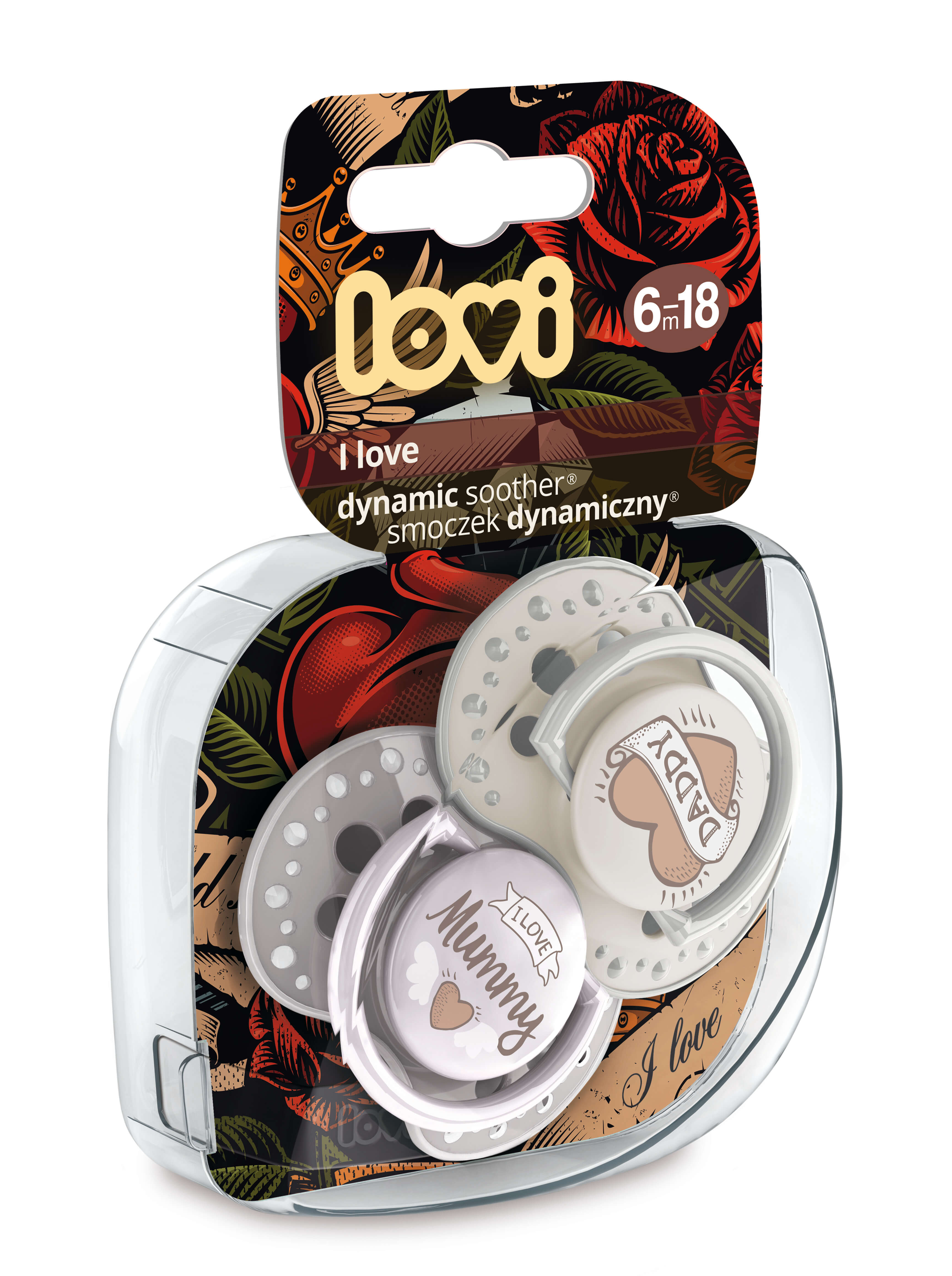 Lovi, silikonowy smoczek dynamiczny I Love 6-18 m 22/868, 2 sztuki