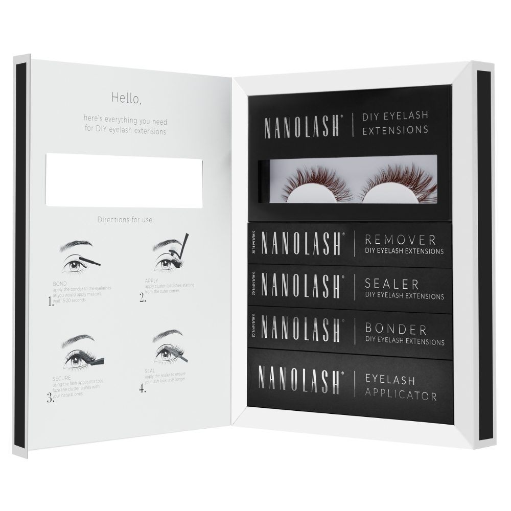 Nanolash DIY Eyelash Extensions Starter Kit Brown zestaw: sztuczne brązowe rzęsy 10-12-14 mm Charm, 36 szt. + transparentny bonder do rzęs, 5 ml + ...