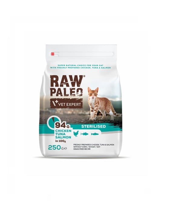 VET EXPERT Raw Paleo Sterilised Chicken&amp;Tuna&amp;Salmon dla kotów kastrowanych 250 g