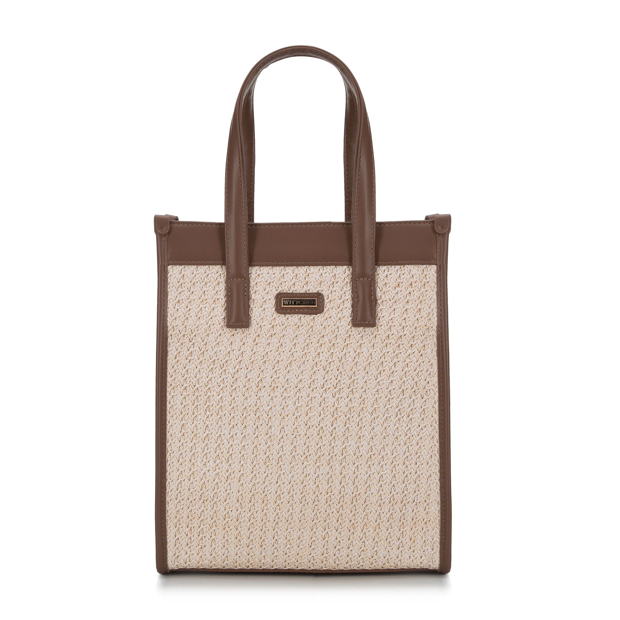 Torebka shopperka z plecionką mała beżowo-brązowa