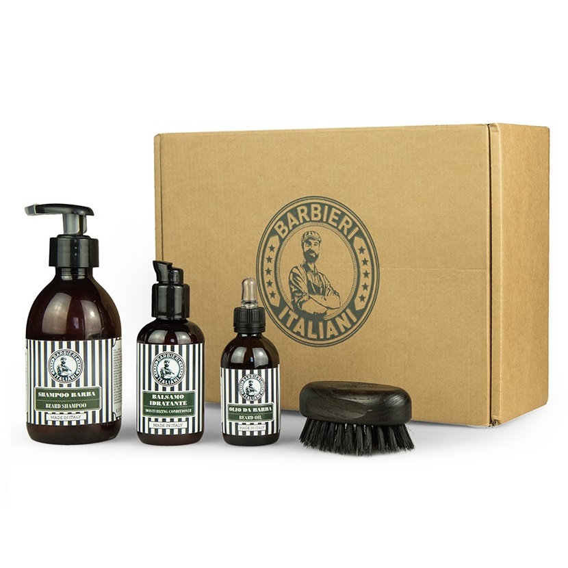 Barbieri Italiani zestaw: szampon do brody, 250 ml + nawilżający balsam do brody, 100 ml + olejek do brody, 50 ml + szczotka do brody, 1 szt.