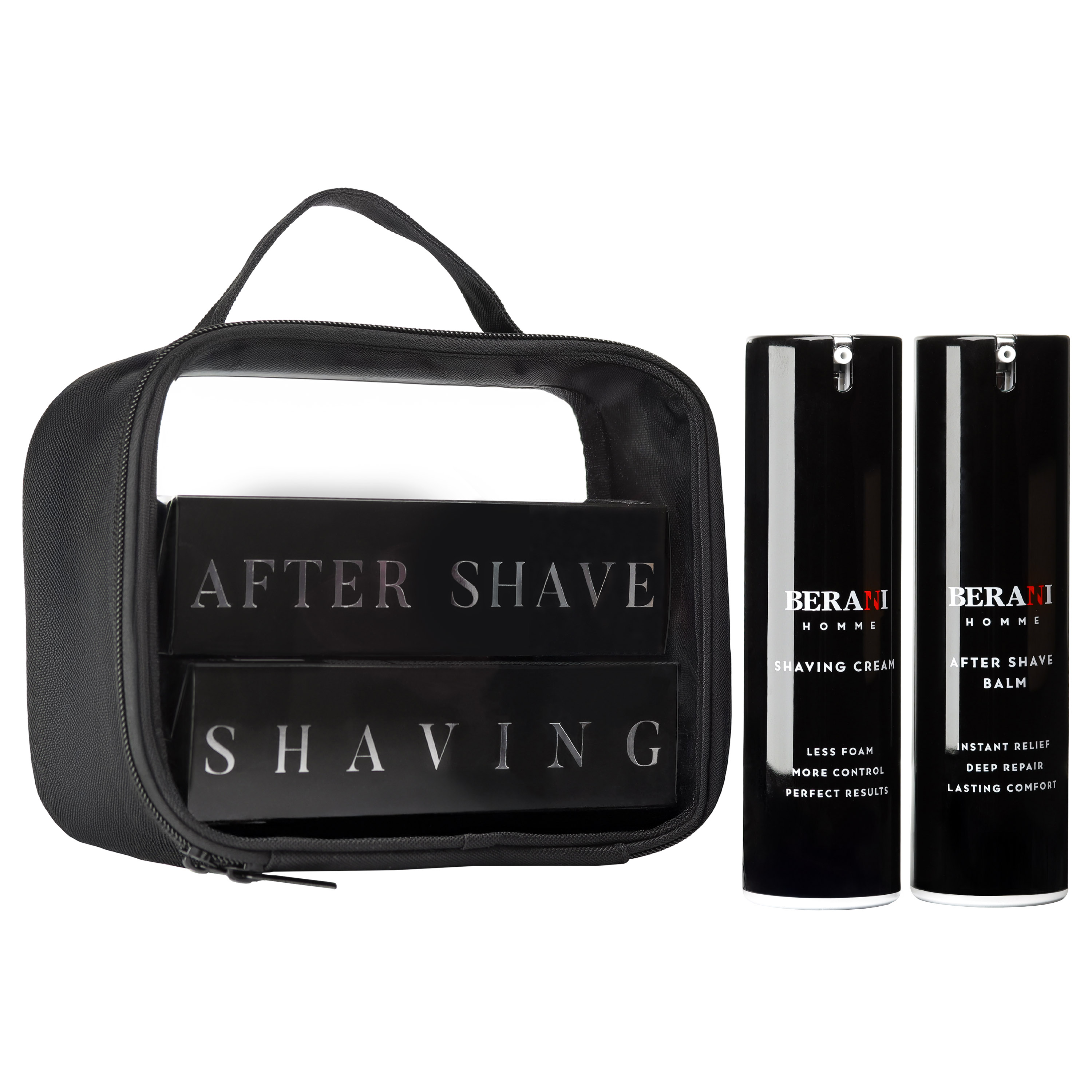 Berani Homme SHAVING DUO SET zestaw dla mężczyzn - perfekcyjne golenie: krem do golenia, 120 ml + balsam po goleniu, 120 ml + kosmetyczka, 1 szt.