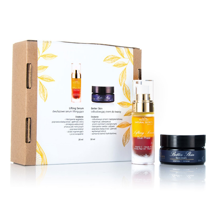 Natural Secrets Premium zestaw Perfect Look: krem odbudowujący do twarzy z ceramidami, 50 ml + liftingujące serum dwufazowe, 20 ml