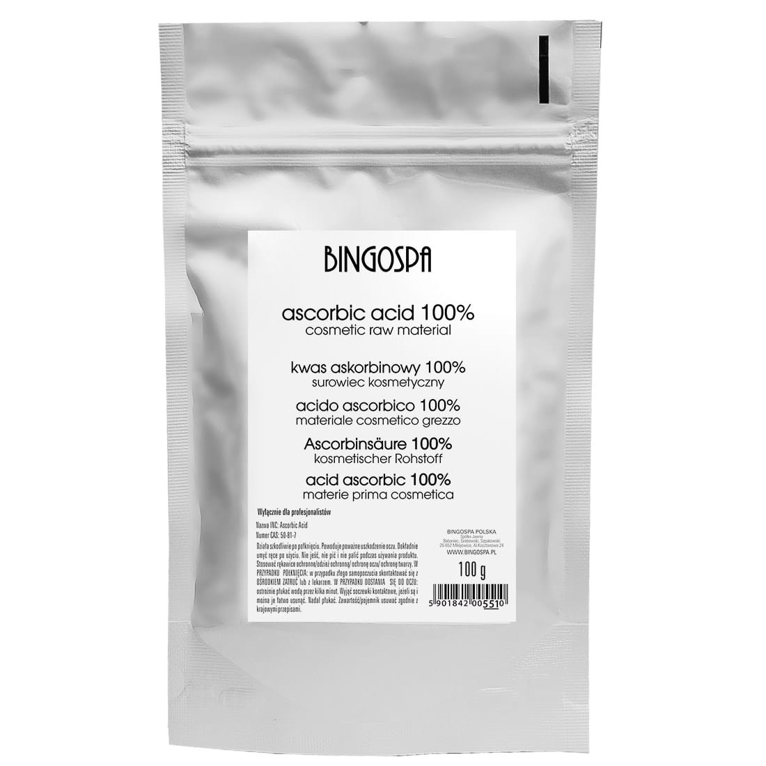 Bingospa kwas askorbinowy 100 %, naturalne złuszczanie, wybielanie, likwidacja piegów i przebarwień, surowiec kosmetyczny, 100 g