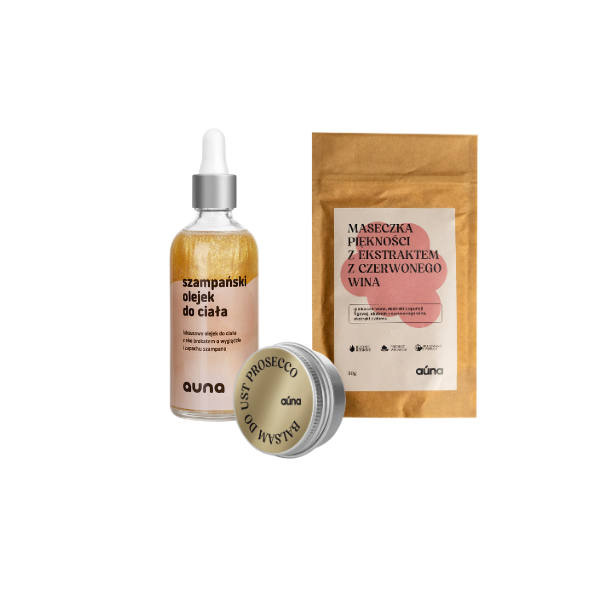 Auna Wieczór Panieński zestaw: balsam do ust prosecco, 15 ml + maseczka z czerwonym winem, 100 g + olejek szampański do ciała, 100 ml