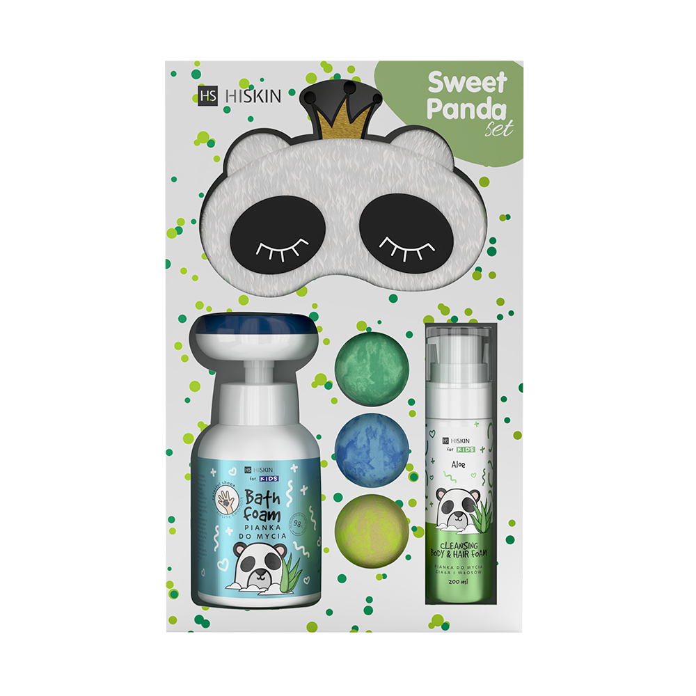 Hiskin zestaw: mięciutka opaska na oczy w kształcie pandy, 1 szt. + puszysta pianka do ciała, 200 ml + urocza pianka do rąk „łapka", 200 ml + kolor...