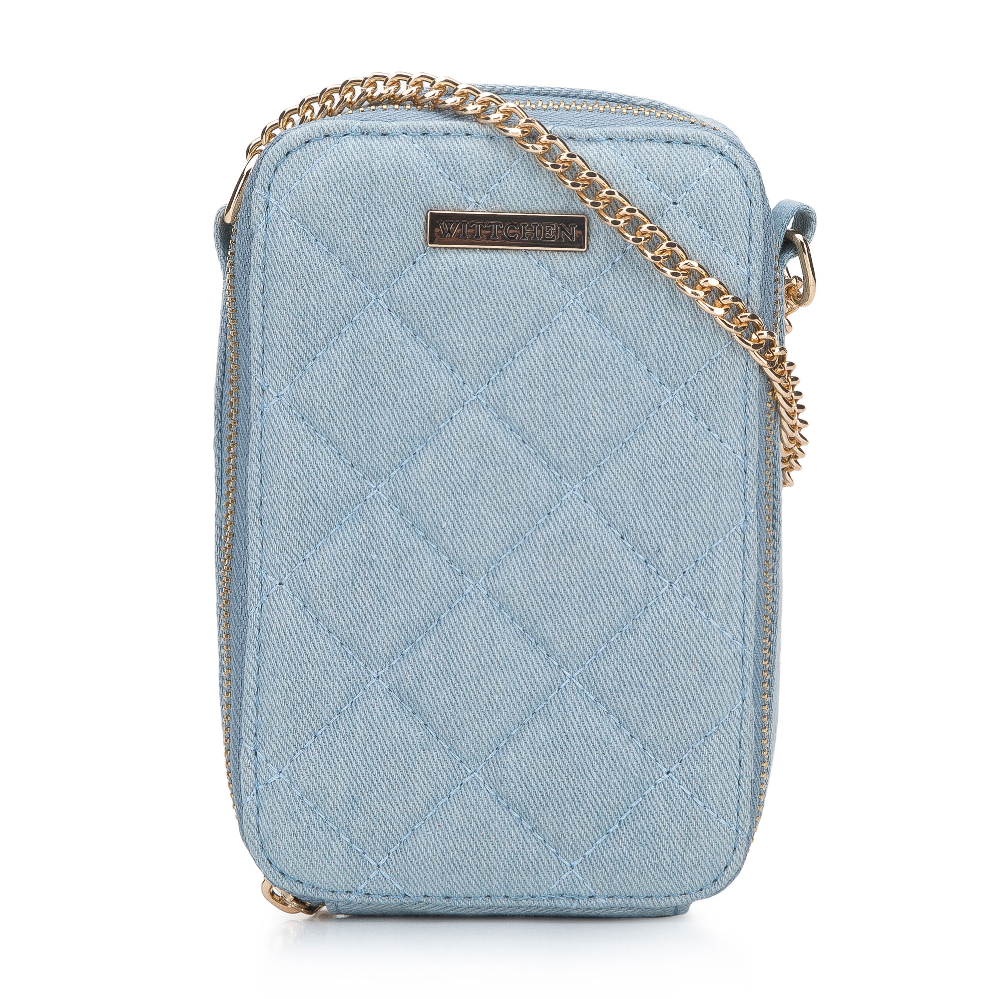 Damska minitorebka z pikowanego dżinsu na łańcuszku jasnoniebieska