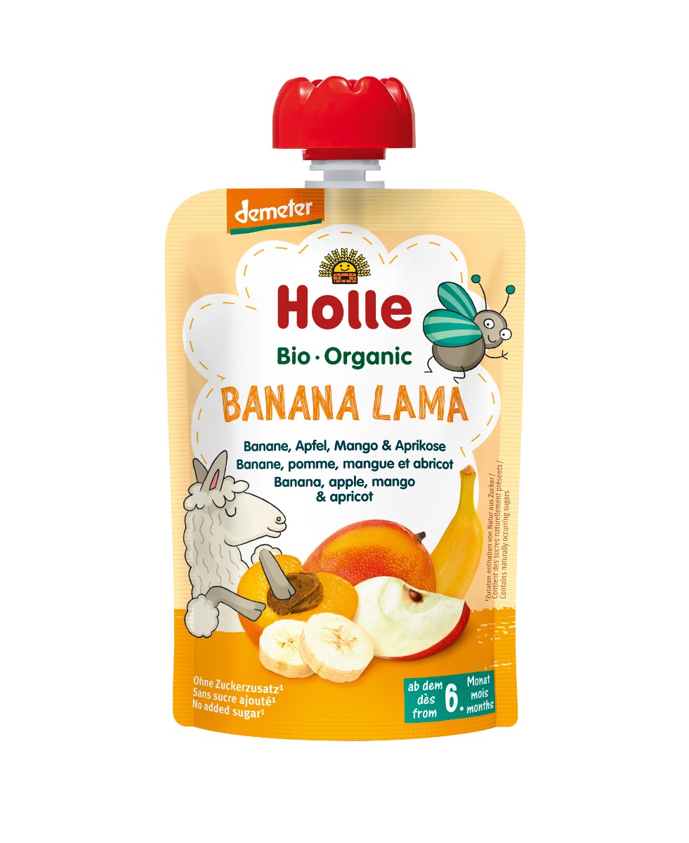 Holle BIO Demeter mus owocowy z bananem jabłkiem mango i morelą Bananowa Lama, 100 g