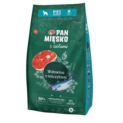 Karma dla psa PAN MIĘSKO Wołowina z tuńczykiem i ziołami S 9 kg