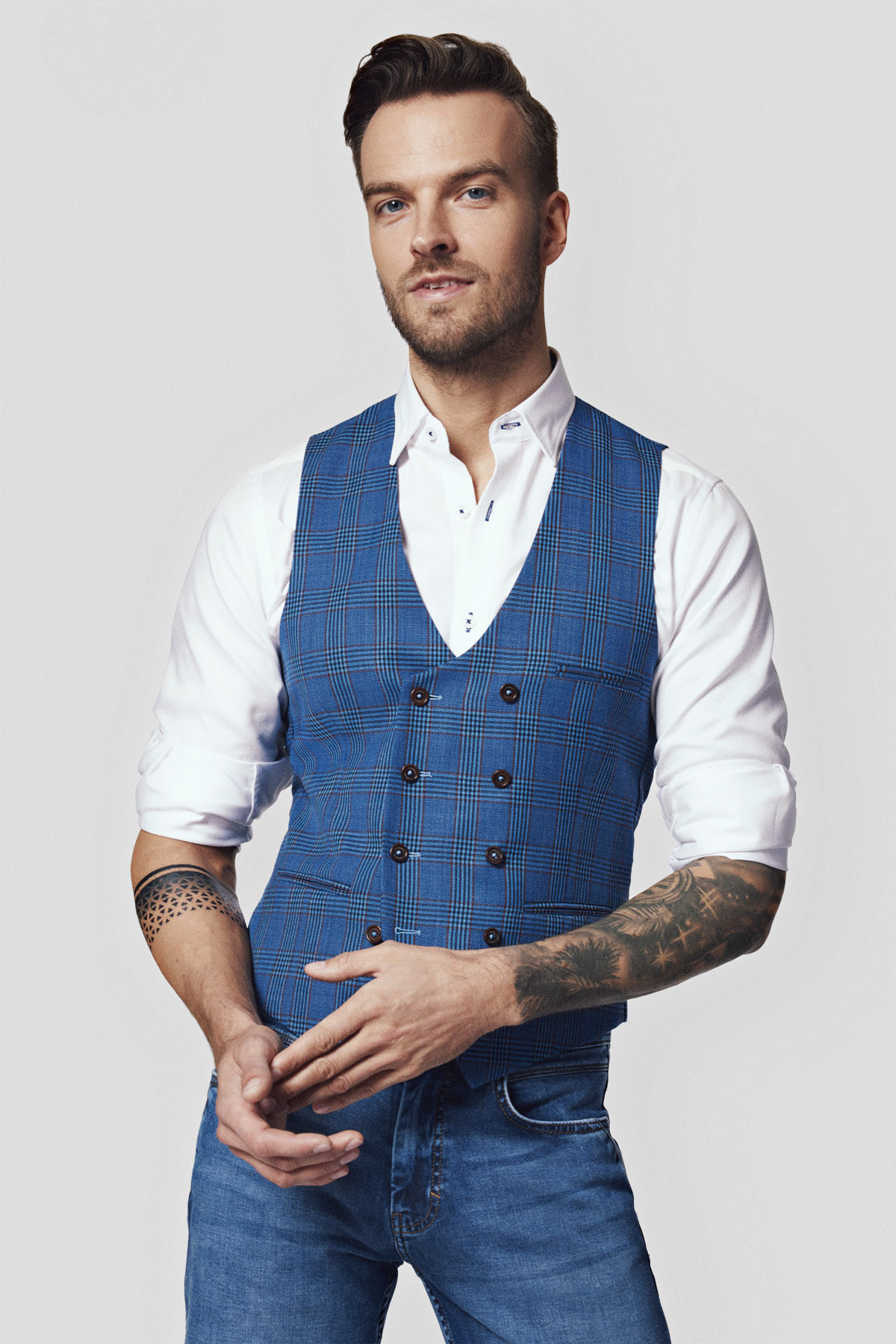 Lancerto Kamizelka Niebieska z Wełną w Kratę Merida