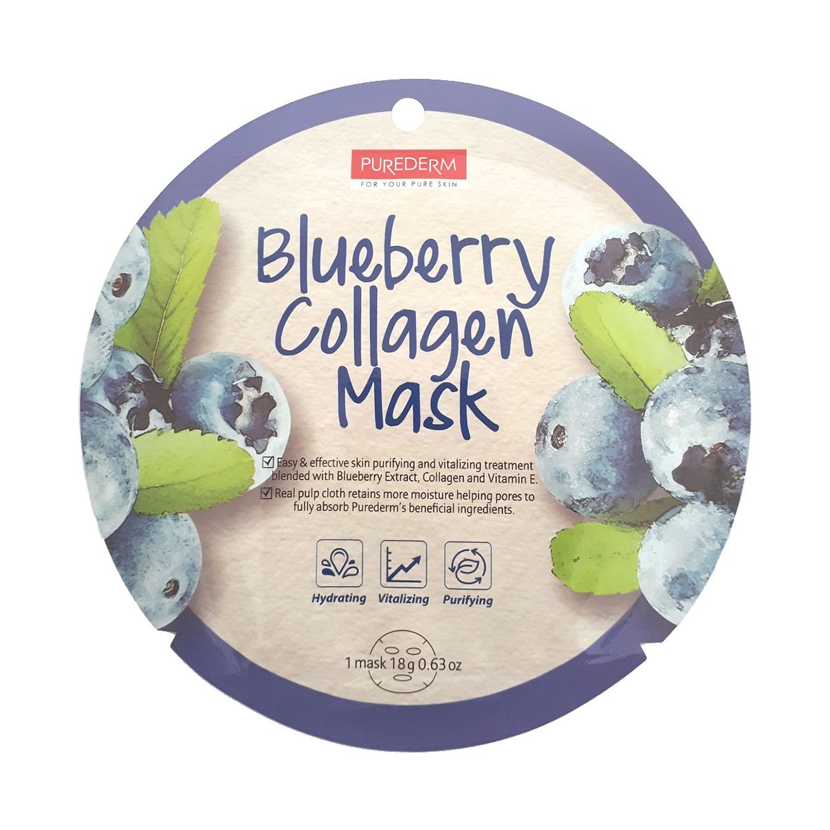 Purederm Blueberry Collagen oczyszczająco-ujędrniająca maseczka kolagenowa z borówką do twarzy, 1 szt.