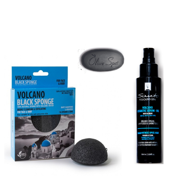 Santo Volcano Spa zestaw pielęgnacyjnych kosmetyków: nawilżający olej-serum do ciała, twarzy i włosów, 100 ml + oczyszczająca gąbka typu konjac do ...