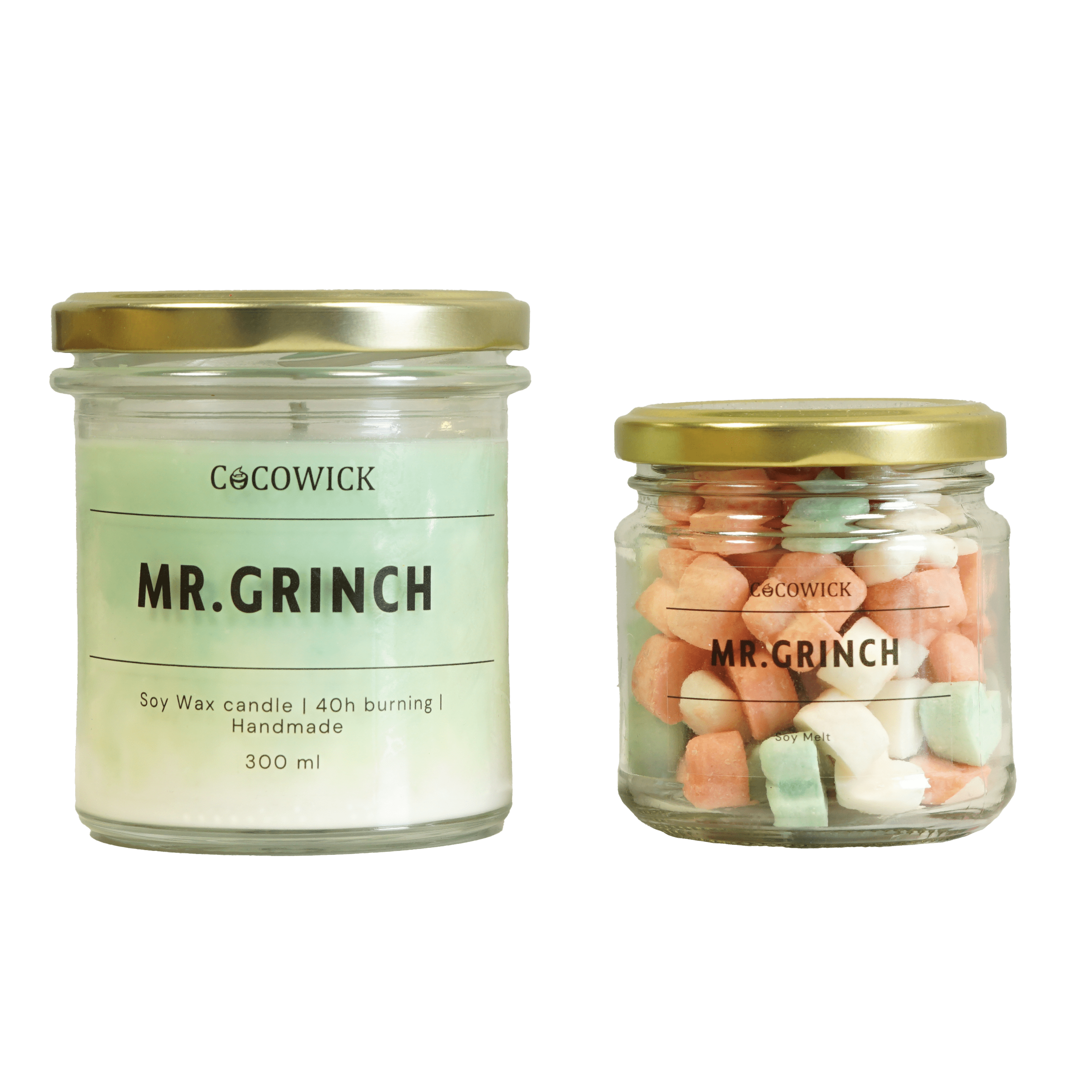 Cocowick Big Mr. Grinch zestaw: świeca sojowa w szkle, 300 ml + wosk zapachowy, 90 g