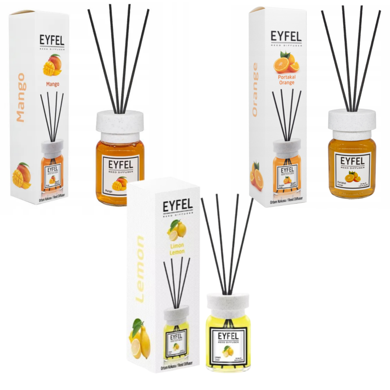 Eyfel zestaw zapachów do domu: zapach mango, 120 ml + zapach pomarańcza, 120 ml + zapach cytryna, 120 ml