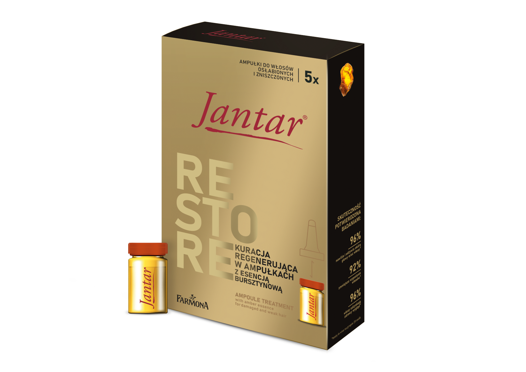 Jantar Restore kuracja w ampułkach z esencją bursztynową do włosów zniszczonych i osłabionych, 5x5 ml/1 opak.