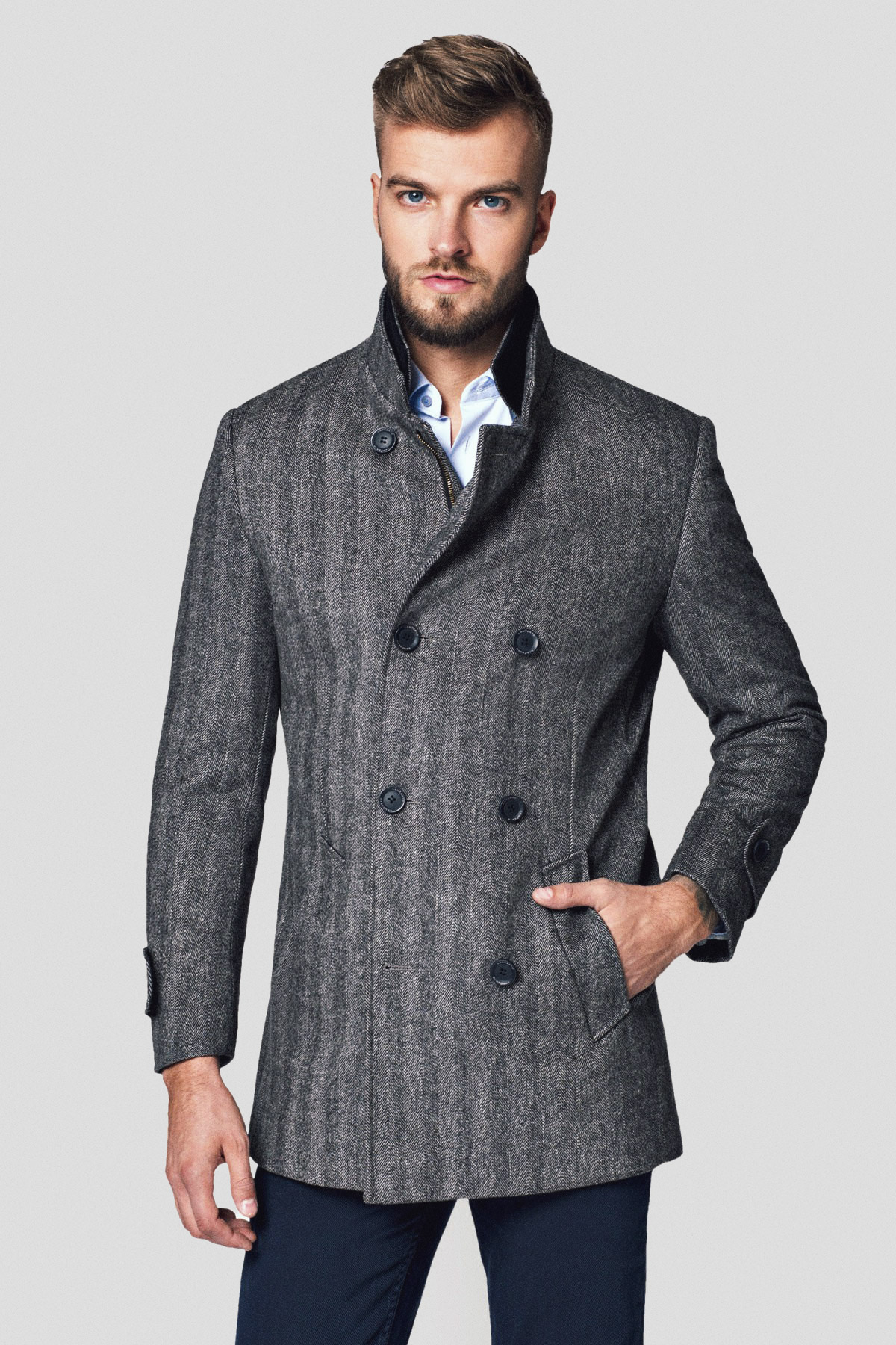 Lancerto Płaszcz Dwurzędowy Szary w Jodełkę z Wełną Embrace